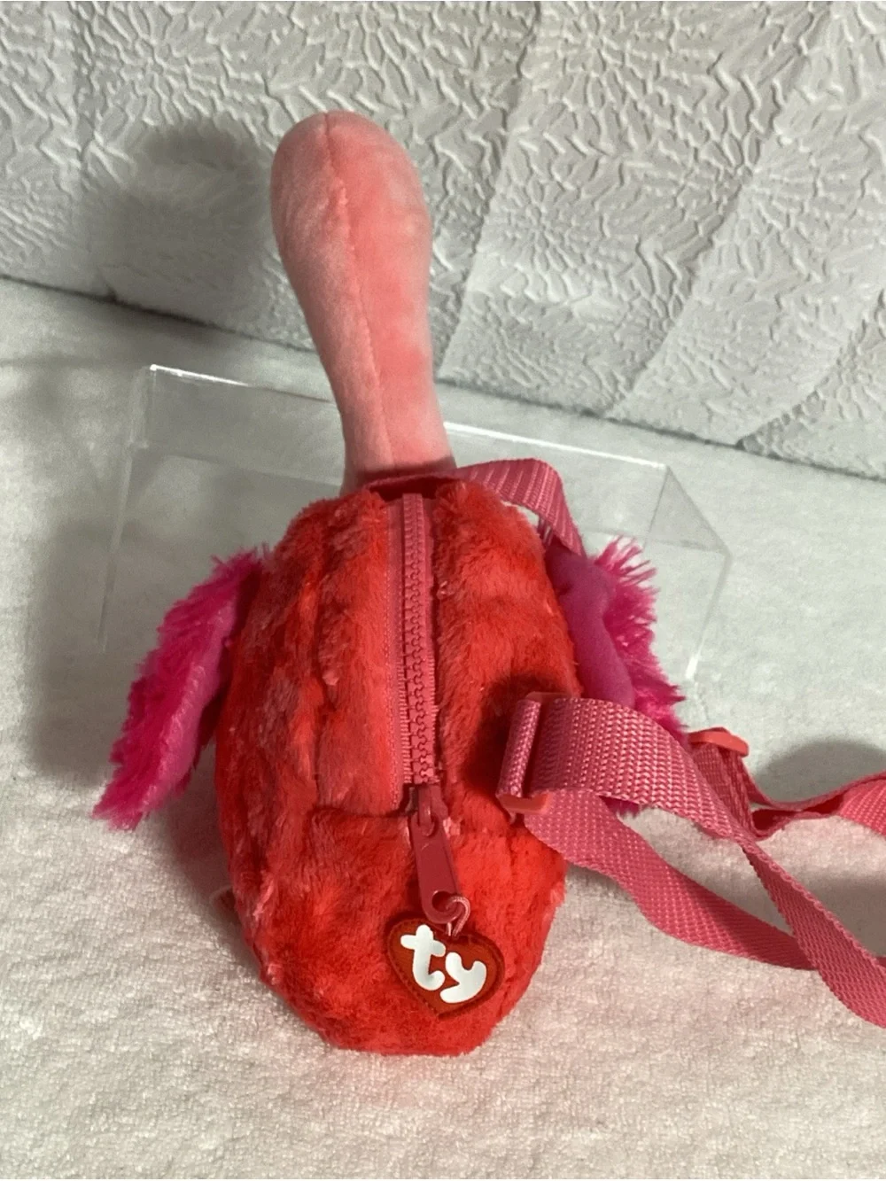 ty Gilda The Pink Plush Flamingo Zippered Crossbody Bag NWOT Soft & Cute